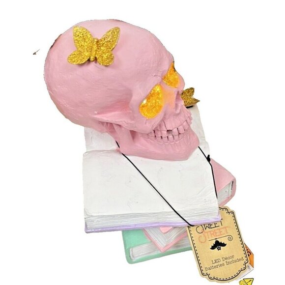 Sweet Street Pink Skull Gold Glitter Butterflies on Spell Books Led Light Statue - Picture 5 of 5